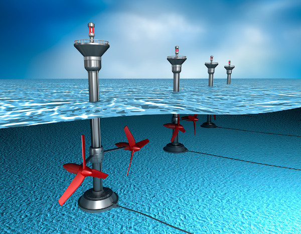 Ilustração das turbinas submersas utilizadas na geração de energia maremotriz.