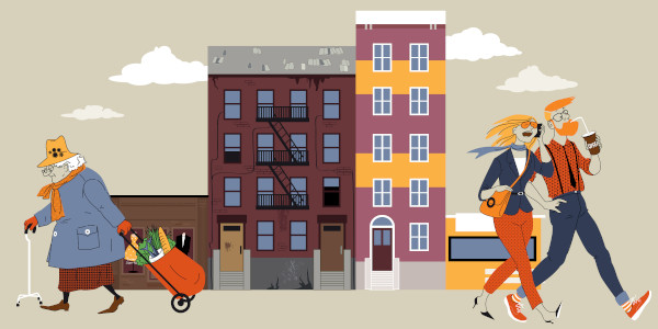 Representação de consequências da gentrificação: atração de um público com maior poder aquisitivo e elitização dos espaços.