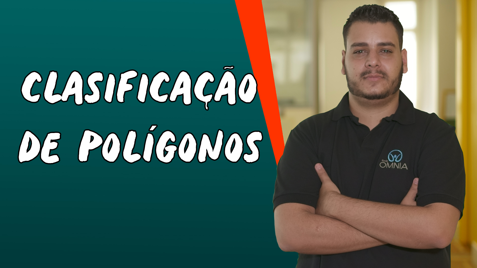 "Classificação de Polígonos" escrito sobre fundo verde ao lado da imagem do professor