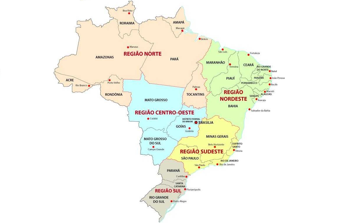 Mapa indicando as regiões do Brasil.