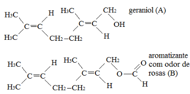 Estruturas do geraniol e de aromatizante que tem odor de rosas